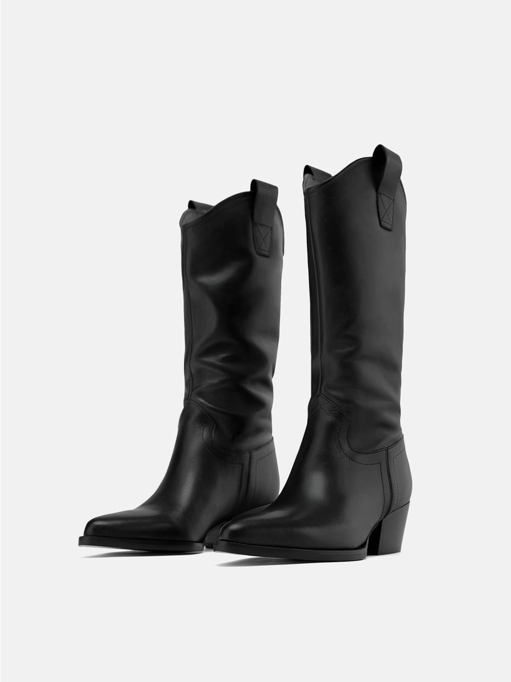 Zara Classic Black Genuine Leather Mid-Calf Western Boots